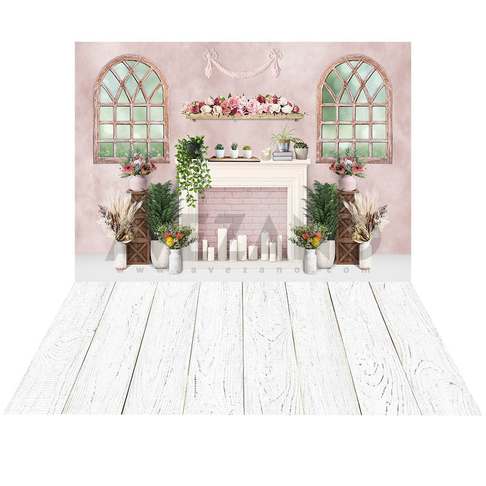 Avezano Spring Pink Walls and Flowers 2 pcs Set Backdrop-AVEZANO